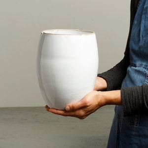 May include: A white ceramic vase with a rounded shape. The vase is being held by a person's hands.
