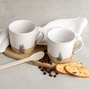 2 Handmade Ceramic White Mugs, 12 oz Pottery Coffee Mugs with Tree Print, Gift for Mom image 3