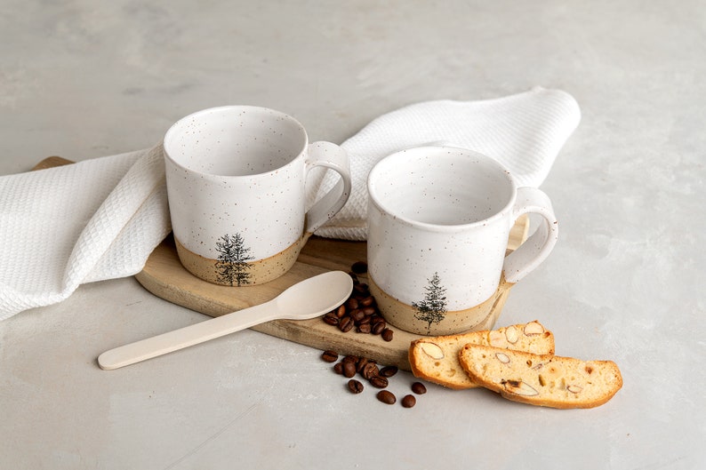 2 Handmade Ceramic White Mugs, 12 oz Pottery Coffee Mugs with Tree Print, Gift for Mom image 3