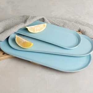 Sky Blue Set of 3 Handmade Pottery Light Blue Rectangular Serving Dishes, Ceramic Serving Dish Set, Large Dinner Serving Plate, Mother Gift