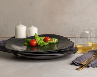 Set of 6 Large Ceramic Dinner Plates Set, 11.5" Abstract Amorphic Shape Plates, Pottery Organic Shape Black Dinner Plates, Handmade Plates