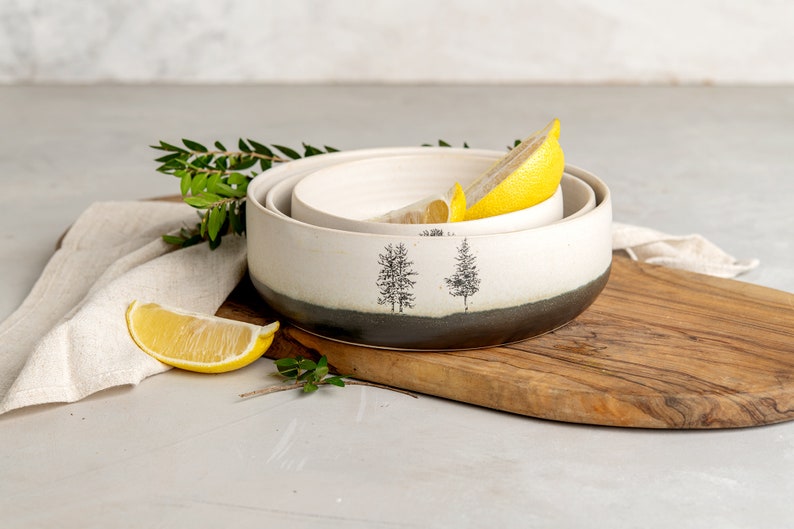 Set of 3 White Pottery Serving Bowls, Handmade Ceramic Decorative Bowls, Wedding Gift, Pottery Dinnerware Sets, Black & White Serving Bowl image 4