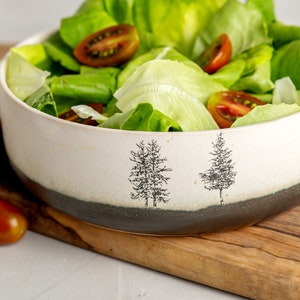 Large White Pottery Salad Serving Bowl, Handmade Ceramic Decorative Bowl, Black and White Serving Dish, Dinner Serving Dish with Tree Decor image 4