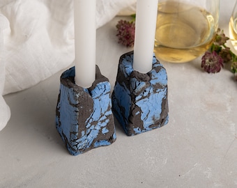 Blue Handmade Ceramic Candlestick Holder Set, Unique Sabbath Candlestick Holder Set