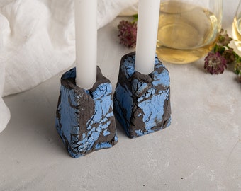 Blue Handmade Ceramic Candlestick Holder Set, Unique Sabbath Candlestick Holder Set