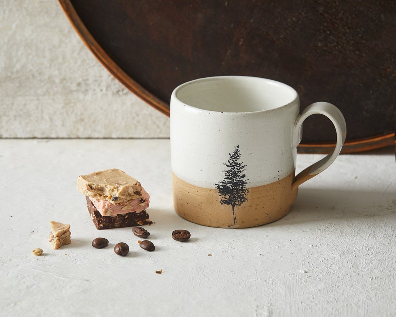 2 Handmade Ceramic White Mugs, 12 oz Pottery Coffee Mugs with Tree Print, Gift for Mom image 6