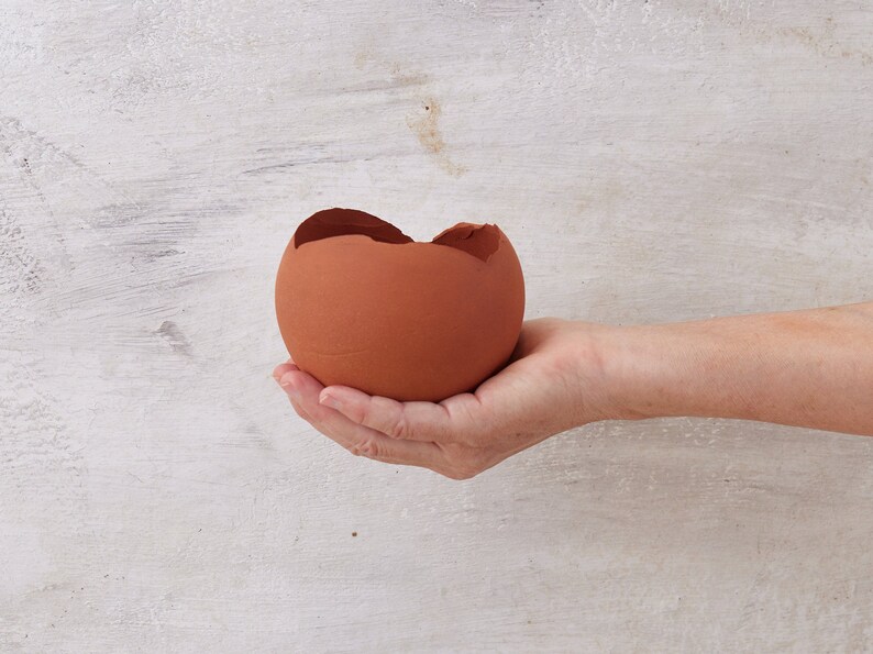 Set of TWO 2 Medium Terracotta Red-Brown Ceramic Egg-Shaped Planter Pot image 3