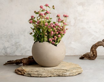 X-Large Ceramic Gray Planter, Large Dry Flowers Vase, Concrete-Gray Pottery Home Decor, Bohemian Contemporary Indoor Planter, Christmas Gift