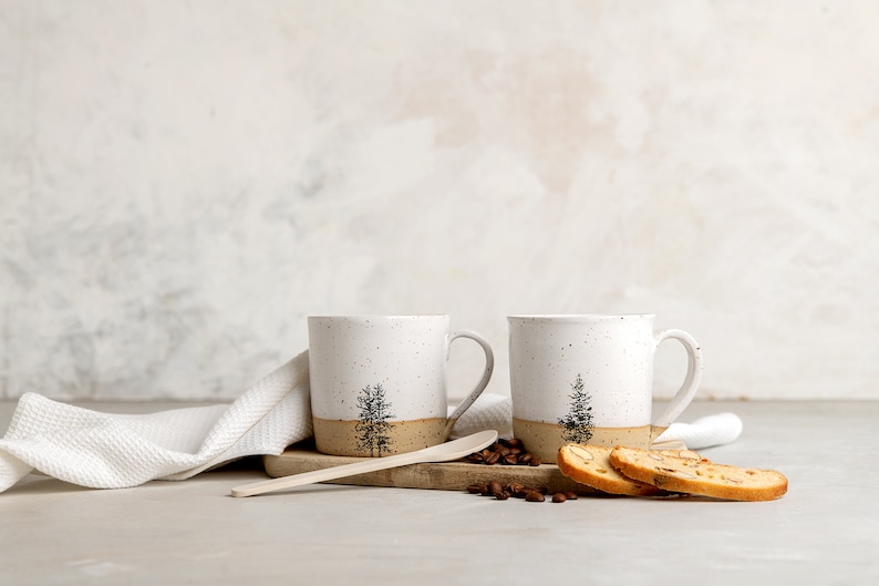 Set of 2 White Ceramic Mugs, Pottery Handmade Coffee Mugs Set with Handle, Huggable Straight Large Tea Mugs, Rustic Modern Look Mugs image 8