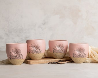 Set of 4 Pink Ceramic 5 Oz Cups, Handmade Floral Bohemian Pottery Espresso Coffee Cups, Unique Small Tumblers, Tea Cups Without Handle