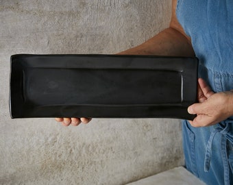 Ceramic Large Rectangular Black Serving Platter, English Cake Serving Dish, Serving Tray, Black Pottery Dinnerware