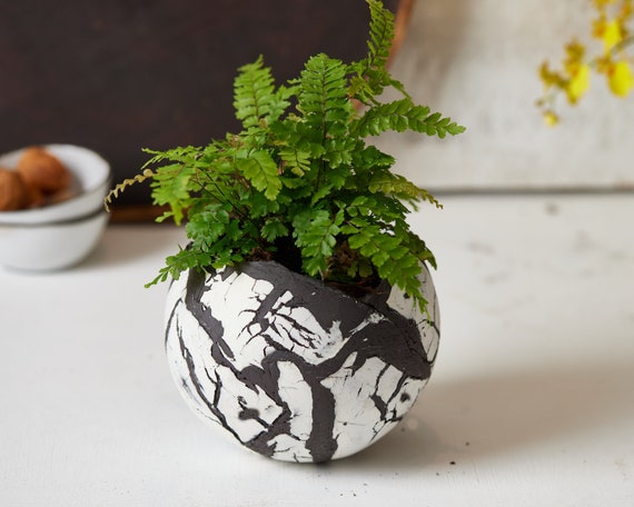 Großer schwarz-weißer Keramik-Übertopf für Sukkulenten oder Blumen, runde dekorative Boho-Chic-Vase, Pflanztopf für Wohnzimmer