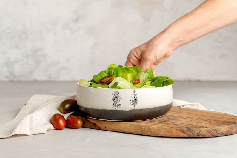 Large White Pottery Salad Serving Bowl, Handmade Ceramic Decorative Bowl, Black and White Serving Dish, Dinner Serving Dish with Tree Decor image 3