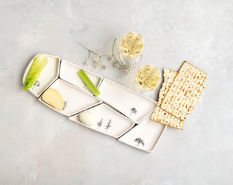 Rectangular Large Handmade Pottery Seder Plate, Puzzle Serving Dish Set with Tree Decals, Jewish Passover / Wedding Gift, White Serving Set