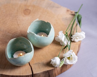 Set of 2 Mint Green Ceramic Candle Holders