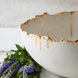 Large White Ceramic Bowl with Real Gold Rim, Decorative Deep Bowl, Entryway Bowl with Gold Drips Decoration, Large Serving Bowl image 3