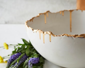 Large White and Gold Ceramic Serving Bowl, Pottery Decorative Bowl with Real Gold Rim, Pottery Wedding Gift