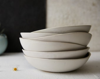 Set of 6 White Ceramic Handmade Pasta Bowl, Pottery Dinnerware Serving Bowl