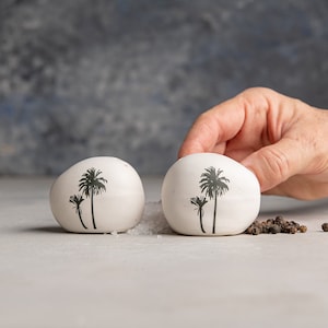 Handmade Ceramic Salt and Pepper Shakers, White Salt and Pepper dishes with tree decals
