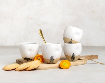 4 Pottery Espresso Cups Set, Unique Rustic White Espresso Cups with Tree Ornament, Ceramic Espresso Cup Set, Small Handmade Tumblers