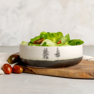 Large White Pottery Salad Serving Bowl, Handmade Ceramic Decorative Bowl, Black and White Serving Dish, Dinner Serving Dish with Tree Decor