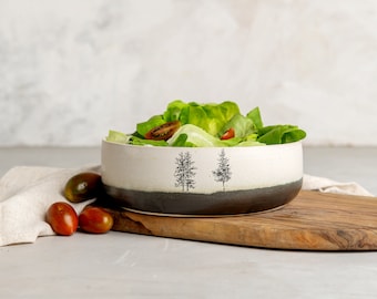 Large White Pottery Salad Serving Bowl, Handmade Ceramic Decorative Bowl, Black and White Serving Dish, Dinner Serving Dish with Tree Decor