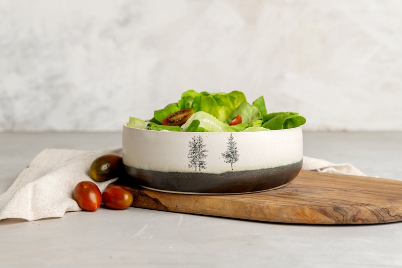 Large White Pottery Salad Serving Bowl, Handmade Ceramic Decorative Bowl, Black and White Serving Dish, Dinner Serving Dish with Tree Decor image 1