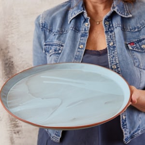 Extra Large Light Blue Round Serving Platter, Decorative Round Plate with Rim, Pottery 14.5" Diameter Tray