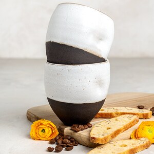 Set of 2 Asymmetric Black and White Ceramic Cups, Pottery 8.5 Oz Handmade Modern Tea Cups, Black White Tumblers image 7