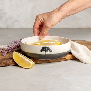White Pottery Medium Serving Bowl, Handmade Ceramic Decorative Dish, Black and White Serving Bowl, Tree Illustrated Dish, Housewarming Gift