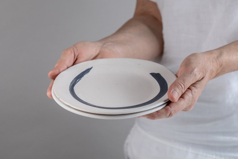 2 Black and White Ceramic Modern Handmade Salad Plates, Modern Bohemian Pottery Dinnerware Plates for Two image 1
