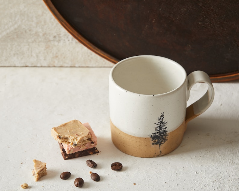 2 Handmade Ceramic White Mugs, 12 oz Pottery Coffee Mugs with Tree Print, Gift for Mom image 5