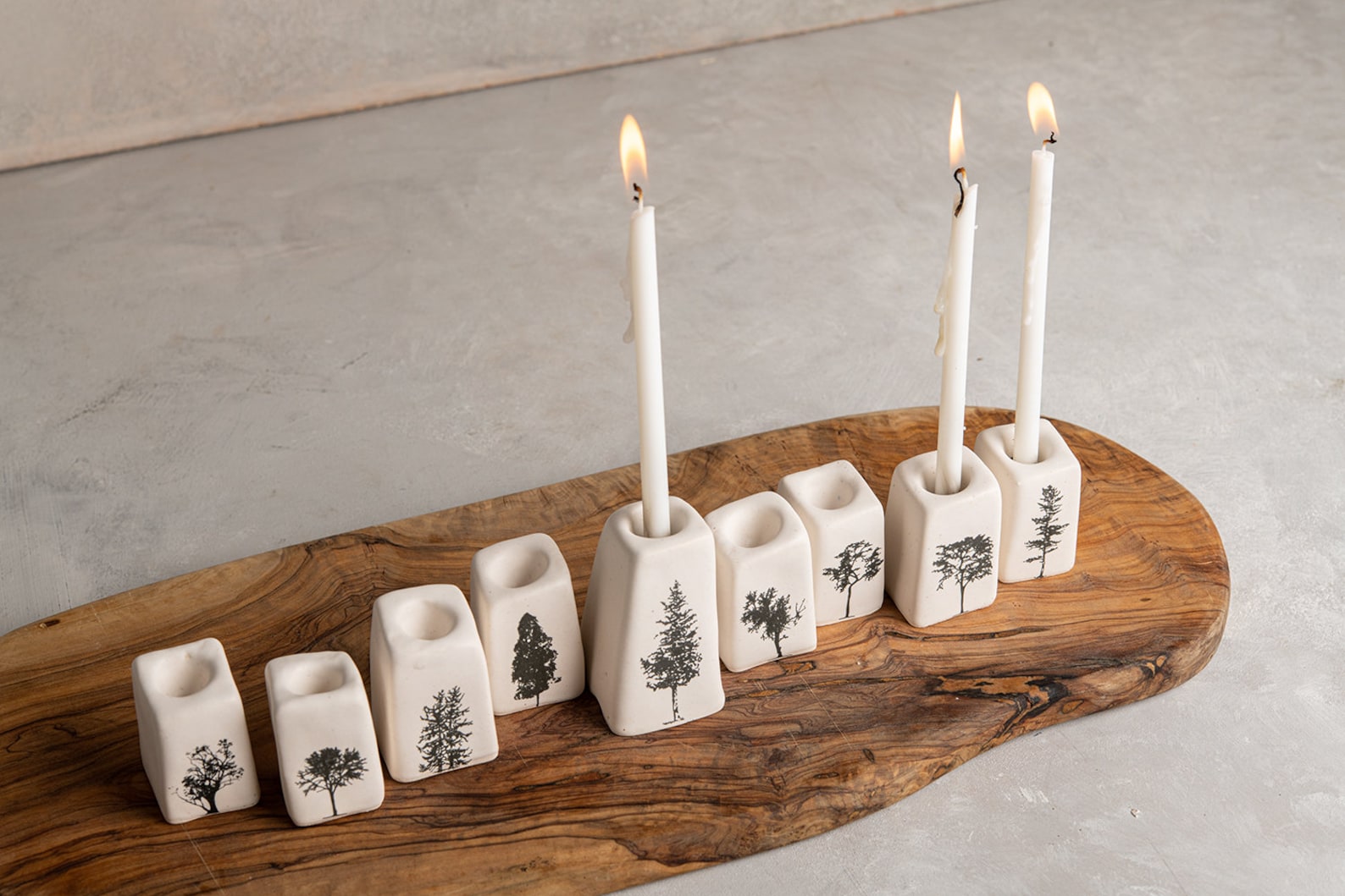 Handmade Unique Pottery Modular White Hanukkiah with Fir and Pine Trees, Contemporary Hanukkah Menorah, Jewish Wedding Gift, Holidays Gift