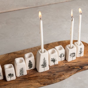 Handmade Unique Pottery Modular White Hanukkiah with Fir and Pine Trees, Contemporary Hanukkah Menorah, Jewish Wedding Gift, Holidays Gift