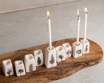 Handmade Unique Pottery Modular White Hanukkiah with Fir and Pine Trees, Contemporary Hanukkah Menorah, Jewish Wedding Gift, Holidays Gift