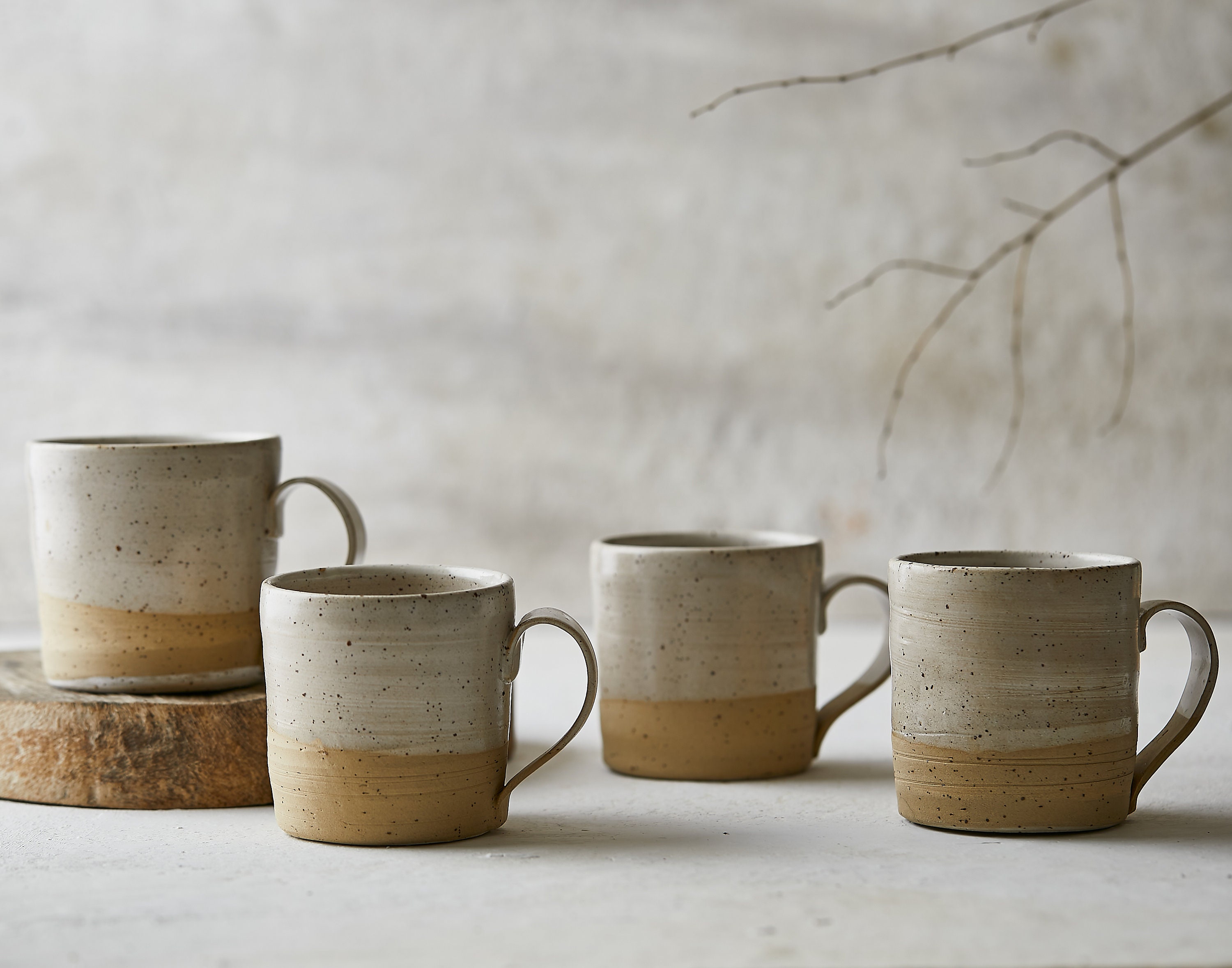 Set of 4 Cream Ceramic Mugs, Small Ceramic Coffee Cups With Handle, Modern  Teacups. 10oz Handmade Mugs 