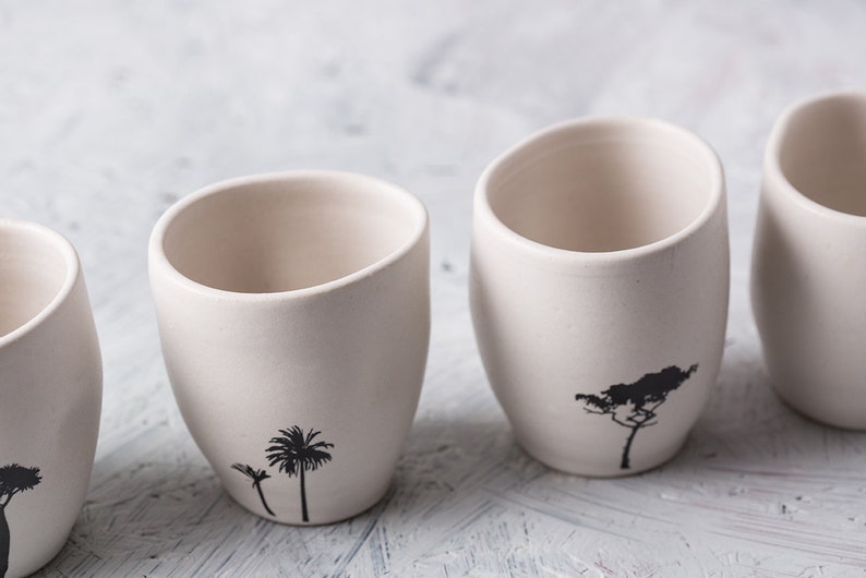 Set of 4 White Ceramic Mugs With Tree Decals Without Handles Etsy