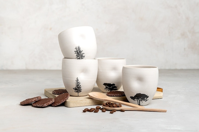 Set of 4 White Ceramic Mugs with Tree Decals without Handles, Ceramic Modern Teacups, Small White Tumblers image 1