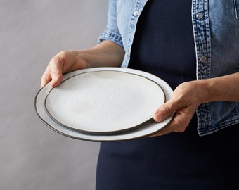 2 White Handmade Rustic Ceramic Salad / Dinner Plates