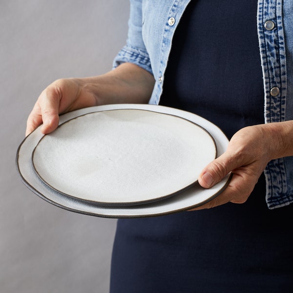 2 White Handmade Rustic Ceramic Salad / Dinner Plates