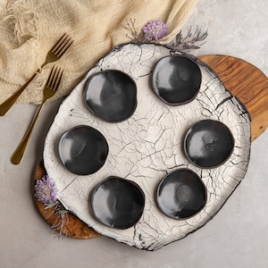 Extra Large White and Black Handmade Pottery Platter and Bowls Set, Jewish Passover Plate, Platter with 6 Dip Bowls, Breakfast Serving Plate