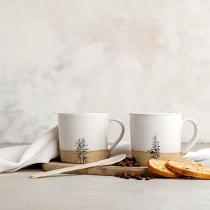 2 Handmade Ceramic White Mugs, 12 oz Pottery Coffee Mugs with Tree Print, Gift for Mom image 8