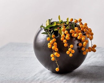 Medium Black Ceramic Planter for Succulent With Drainage hole and Saucer | Round Egg-Shape Vase