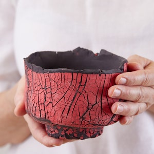 May include: A red and black ceramic bowl with a crackled glaze. The bowl is handmade and has a unique, rustic look.