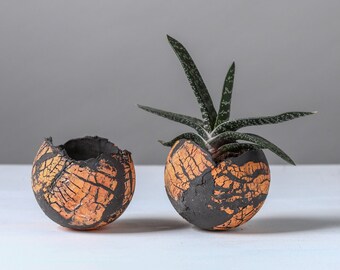 Set of 2 Small Orange and Black Ceramic Planters, Round Contemporary Pottery Pots