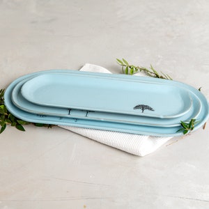 Set of 3 Modern Pottery Light Blue Rectangular Serving Dishes, Ceramic Matching Serving Dishes, Handmade Decorative Dinner Serving Trays