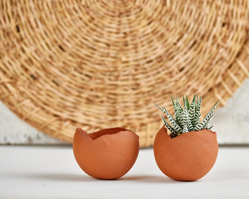 Set of TWO 2 Medium Terracotta Red-Brown Ceramic Egg-Shaped Planter Pot image 1
