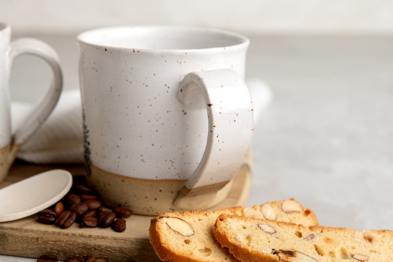 2 Handmade Ceramic White Mugs, 12 oz Pottery Coffee Mugs with Tree Print, Gift for Mom image 4