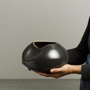 May include: A black ceramic vase with a unique, organic shape. The vase has a wide opening and a smooth, glossy finish.