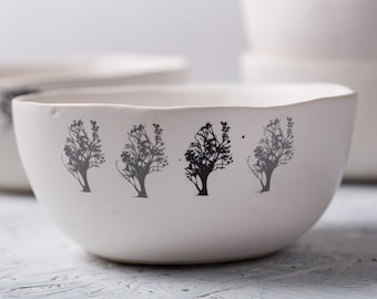 Set of 2 White Soup Bowls, Ceramic Cereal Bowl With Tree Decals, Dipping Bowl, Nut Bowl